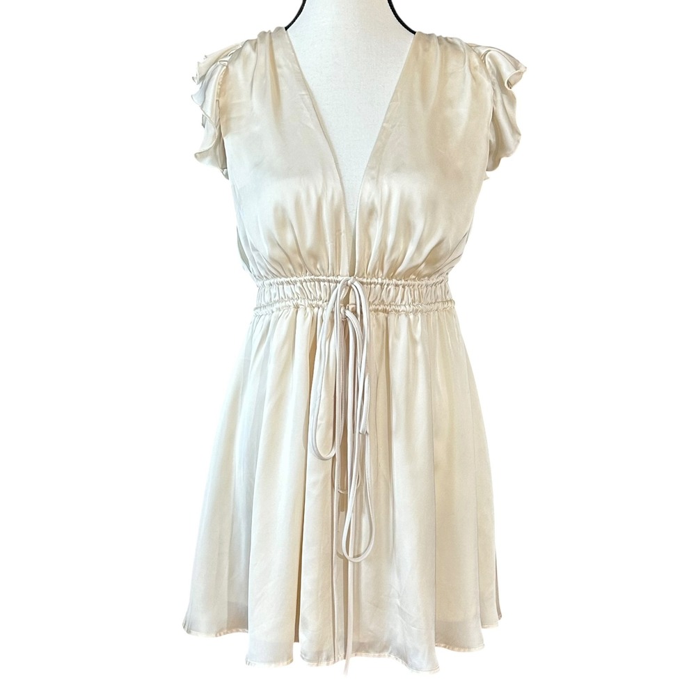 Lucy in the Sky Satin Mini Dress Champagne Cream Ruffle Deep V-Neck Size Medium